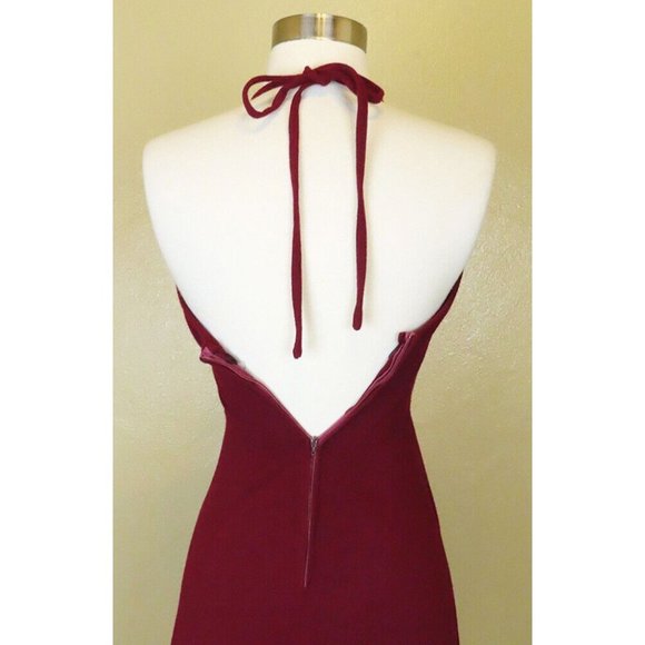 Vintage 70s Maroon Burgundy Red Rhinestone Rose Halter Prom Party Maxi Dress XXS - Picture 10 of 12